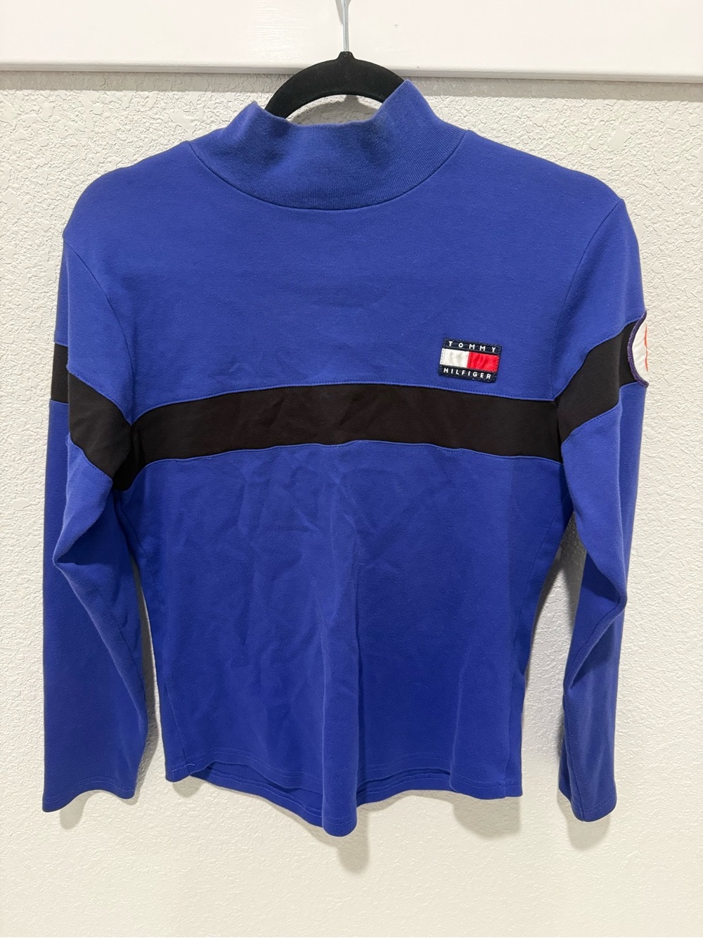 Tommy Hilfiger Blue and Black Colorblock Long Sleeve Top with Flag Patch